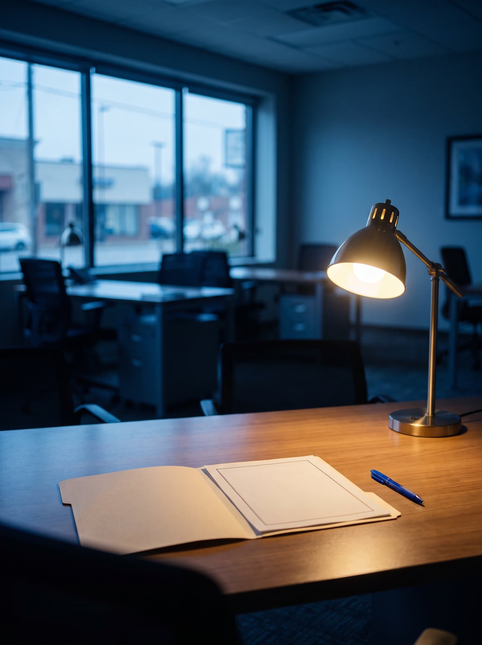 A desk lamp lighting one finished certificate at the end of the day.