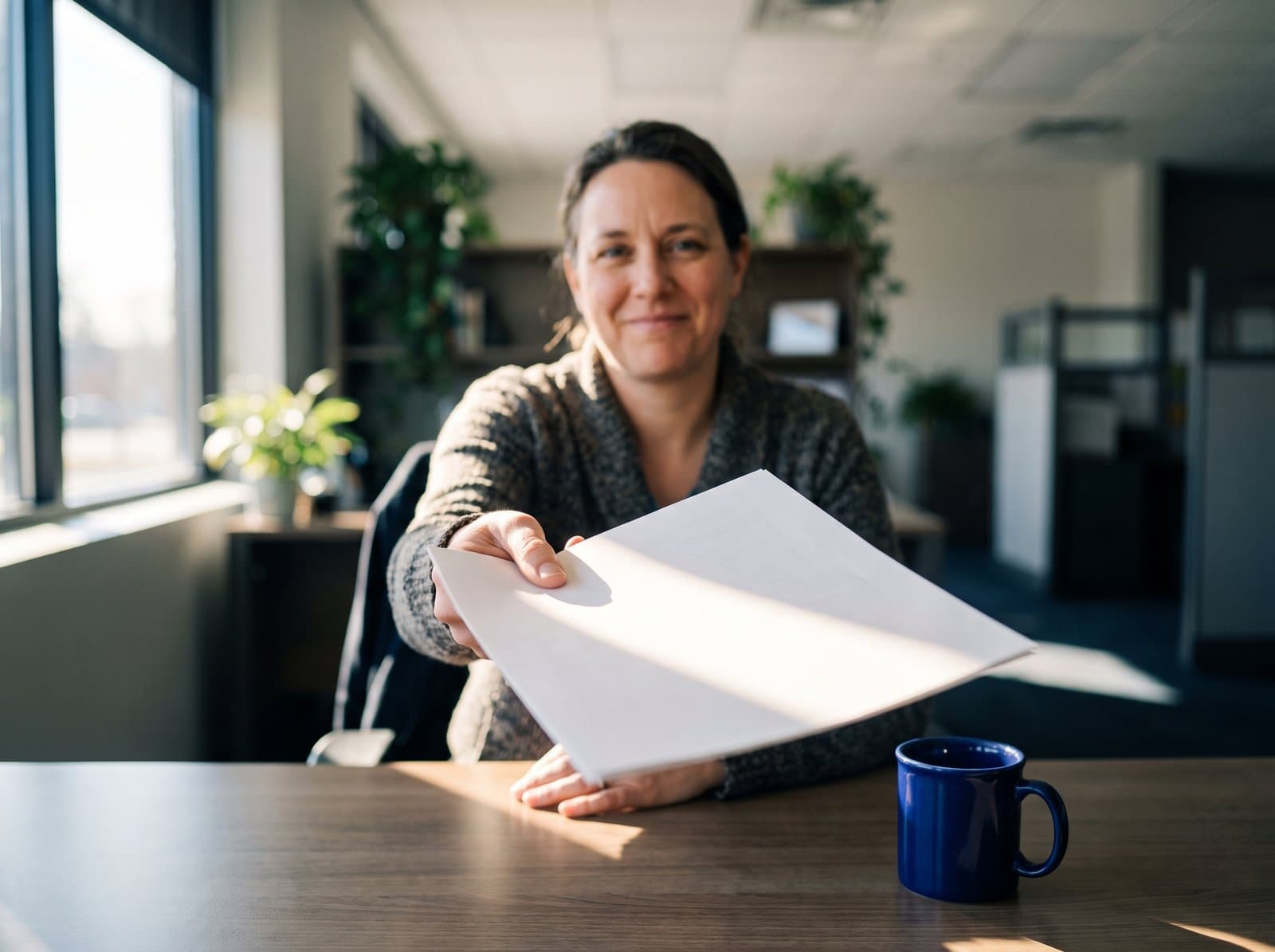 An account manager handing a freshly printed certificate across a desk.