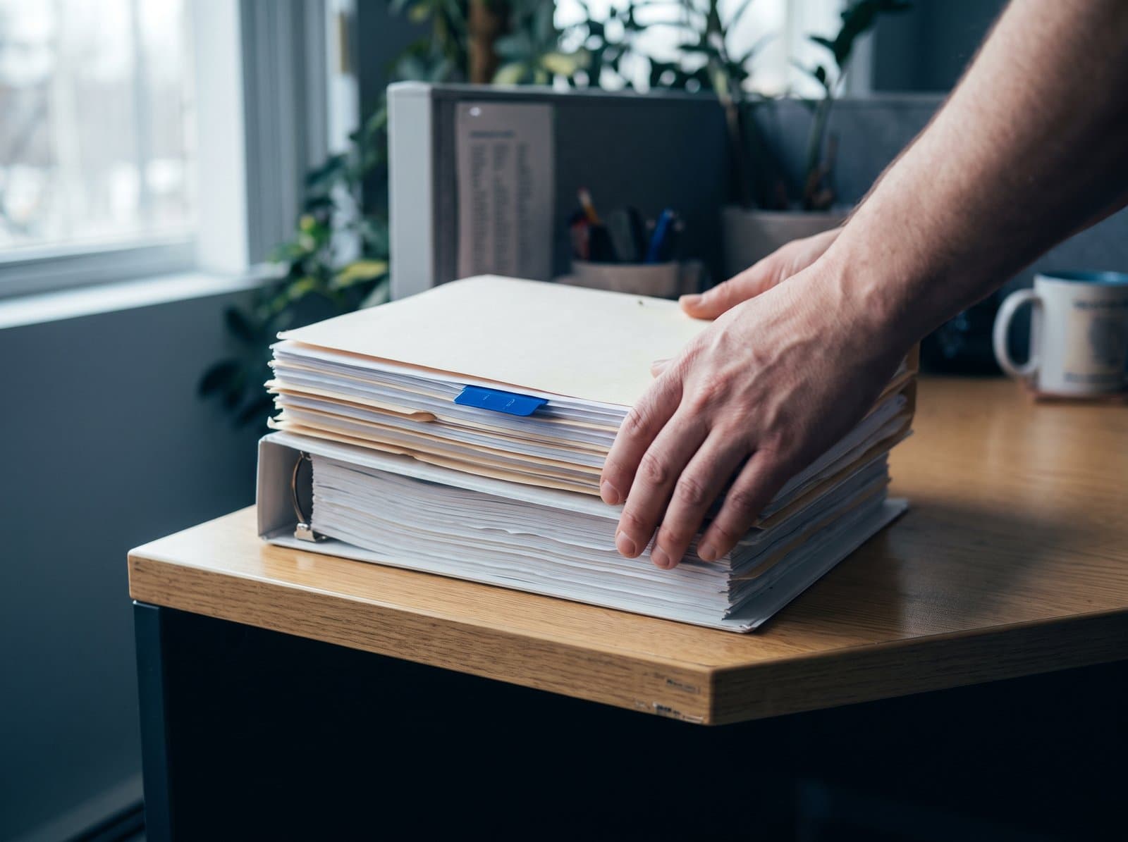 Hands setting a thick stack of policy binders onto a desk.
