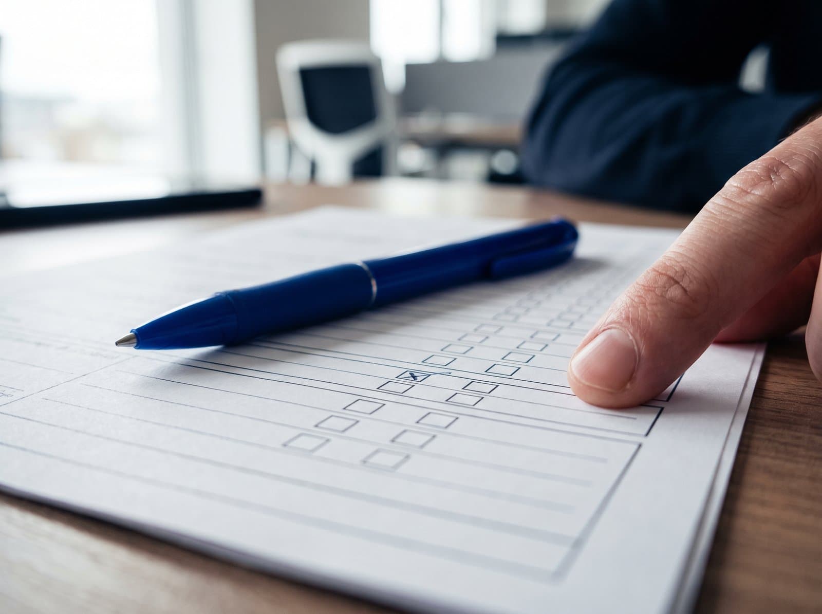 A printed certificate form, blue pen, and fingertip checking one row.